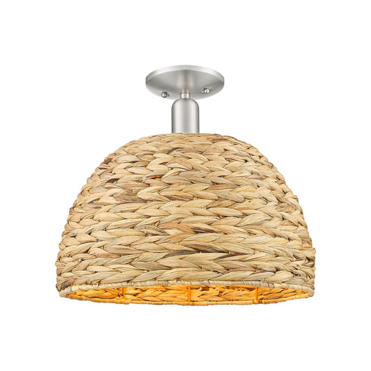 Innovations Arcadia 16in 1-Light Semi-Flush Mount | Industrial Brushed Satin Nickel and Natural Rattan Dome Shade | Living | Model 716-1C-SN-RBD-16-NAT