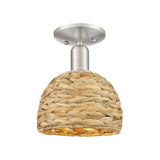 Innovations Arcadia 8in 1-Light Semi-Flush Mount | Rustic Farmhouse Satin Nickel Steel and Natural Woven Rattan Shade | Model 716-1C-SN-RBD-8-NAT