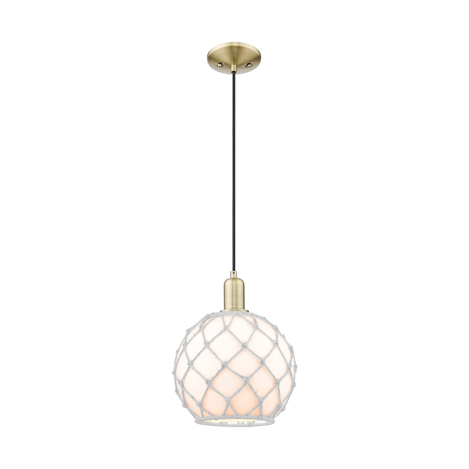 Innovations Farmhouse Rope 10in 1-Light Mini Pendant | Industrial Antique Brass Steel and White Glass Rope Shade | Kitchen | Model 716-1P-AB-G121-10RW