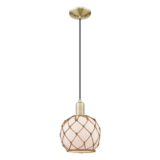 Innovations Farmhouse Rope 8in 1-Light Mini Pendant | Industrial Antique Brass and White Frosted Glass with Brown Rope | Model 716-1P-AB-G121-8RB