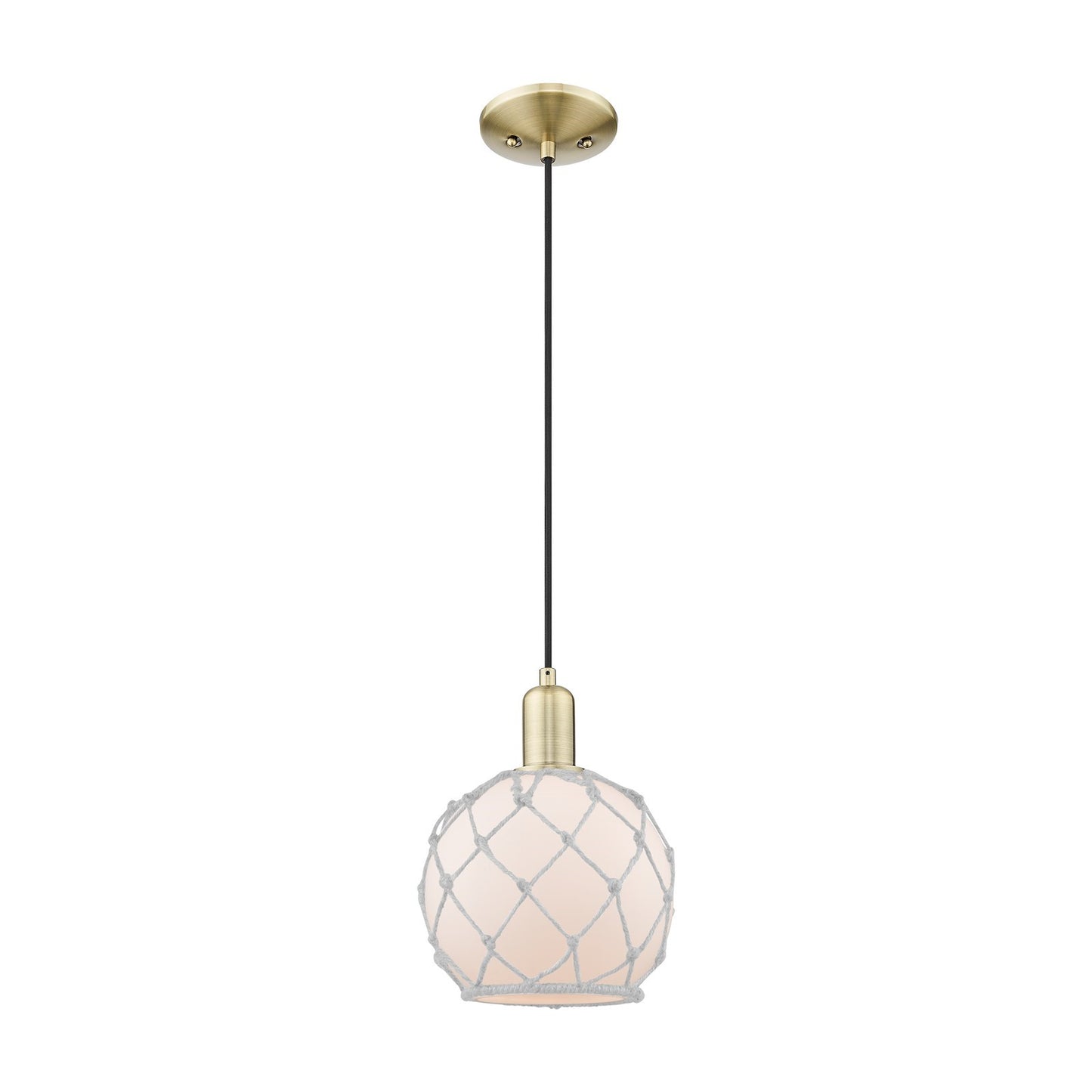 Innovations Farmhouse Rope 8in 1-Light Mini Pendant | Industrial Antique Brass and White Glass with Rope Shade | Kitchen Island | Model 716-1P-AB-G121-8RW