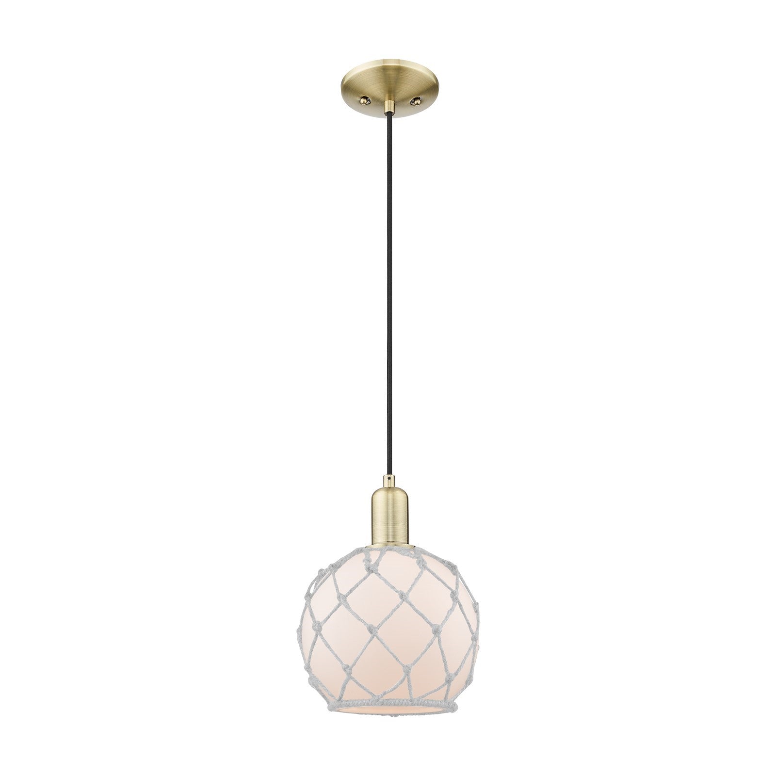 Innovations Farmhouse Rope 8in 1-Light Mini Pendant | Industrial Antique Brass and White Glass with Rope Shade | Kitchen Island | Model 716-1P-AB-G121-8RW