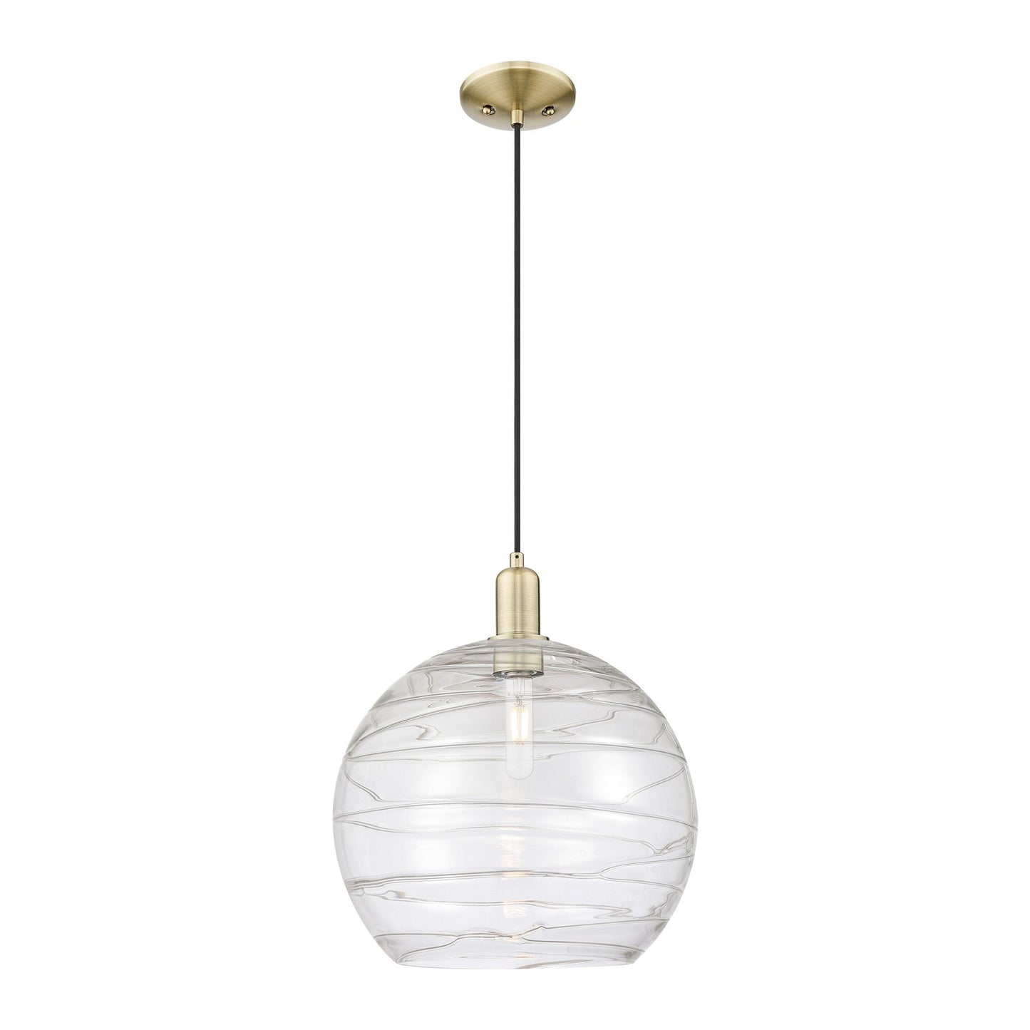 Innovations Athens Deco Swirl 14in 1-Light Mini Pendant | Industrial Antique Brass Steel and Clear Deco Swirl Glass | Kitchen | Model 716-1P-AB-G1213-14CL
