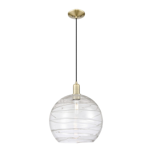 Innovations Athens Deco Swirl 14in 1-Light Mini Pendant | Industrial Antique Brass Steel and Clear Deco Swirl Glass | Kitchen | Model 716-1P-AB-G1213-14CL