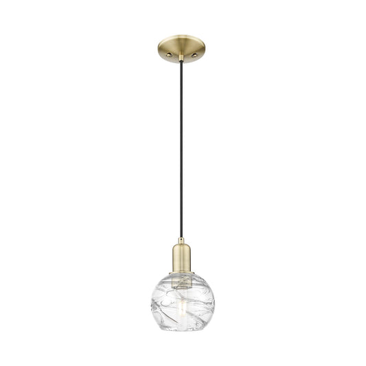 Innovations Athens Deco Swirl 6in 1-Light Mini Pendant | Industrial Antique Brass Steel and Clear Deco Swirl Glass | Kitchen | Model 716-1P-AB-G1213-6CL