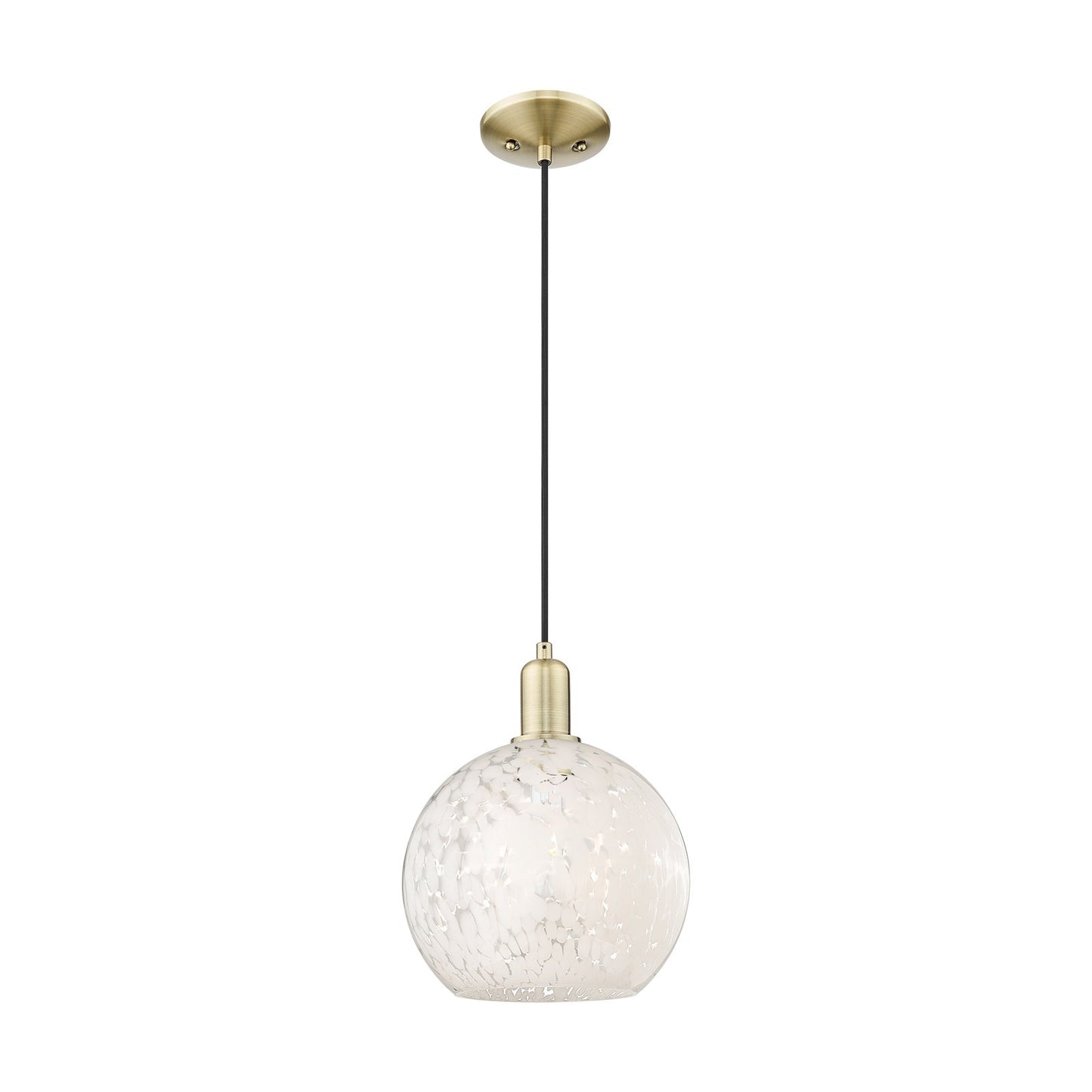 Innovations Lighting White Mouchette 10in 1-Light Mini Pendant | Industrial Antique Brass Steel and White Mouchette Glass | Model 716-1P-AB-G1216-10WM