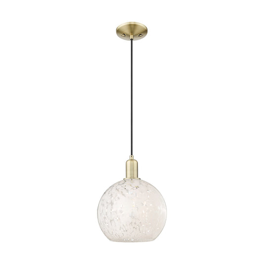 Innovations Lighting White Mouchette 10in 1-Light Mini Pendant | Industrial Antique Brass Steel and White Mouchette Glass | Model 716-1P-AB-G1216-10WM