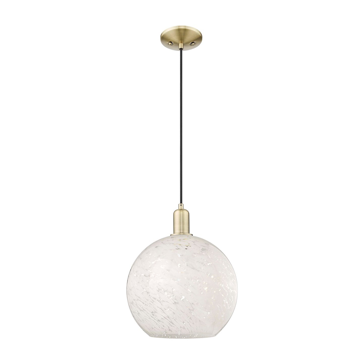 Innovations Lighting White Mouchette 12in 1-Light Mini Pendant | Industrial Antique Brass Steel and White Mouchette Glass | Model 716-1P-AB-G1216-12WM