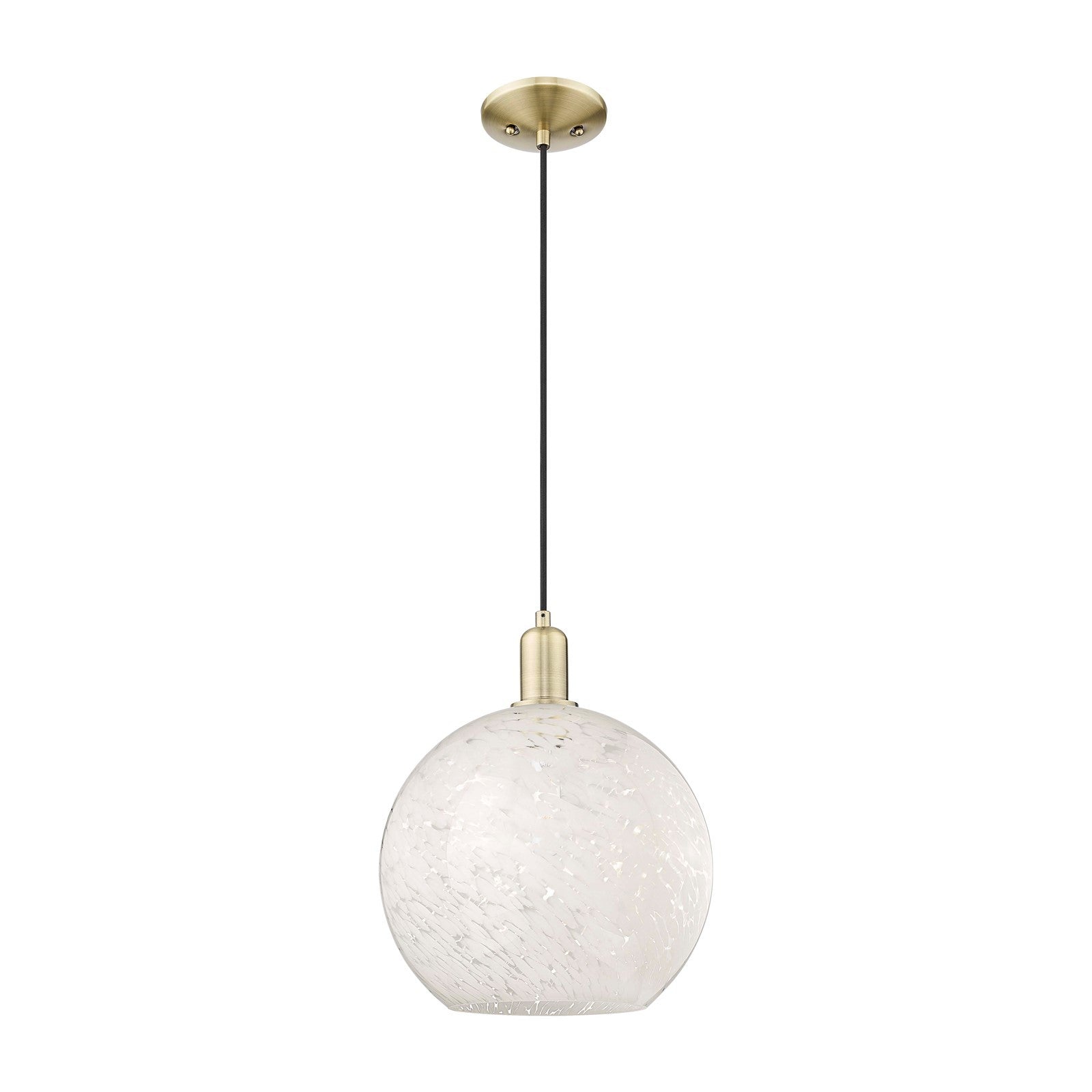 Innovations Lighting White Mouchette 12in 1-Light Mini Pendant | Industrial Antique Brass Steel and White Mouchette Glass | Model 716-1P-AB-G1216-12WM