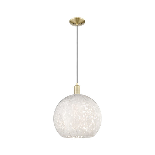 Innovations Lighting White Mouchette 14in 1-Light Mini Pendant | Industrial Antique Brass and White Glass | Kitchen Island & | Model 716-1P-AB-G1216-14WM