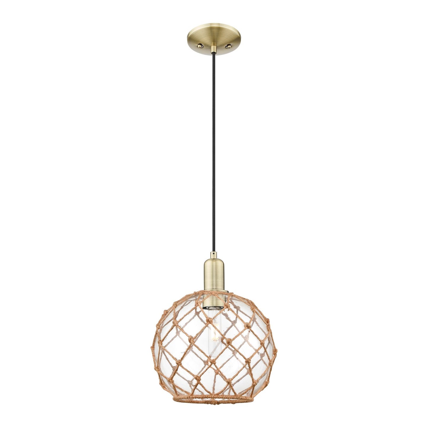 Innovations Farmhouse Rope 10in 1-Light Mini Pendant | Industrial Antique Brass Steel and Clear Glass with Brown Rope | Model 716-1P-AB-G122-10RB