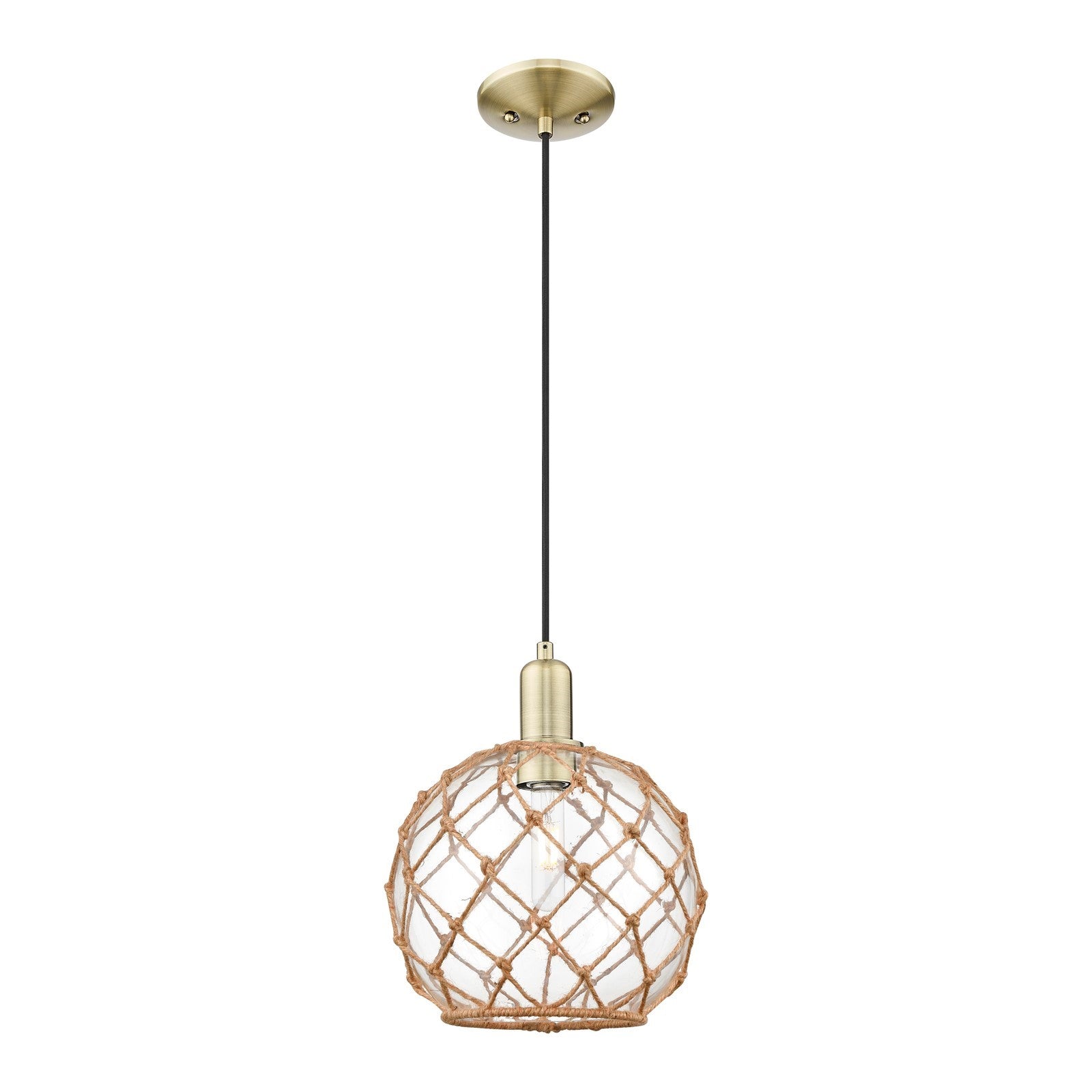 Innovations Farmhouse Rope 10in 1-Light Mini Pendant | Industrial Antique Brass Steel and Clear Glass with Brown Rope | Model 716-1P-AB-G122-10RB