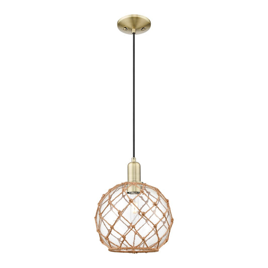 Innovations Farmhouse Rope 10in 1-Light Mini Pendant | Industrial Antique Brass Steel and Clear Glass with Brown Rope | Model 716-1P-AB-G122-10RB