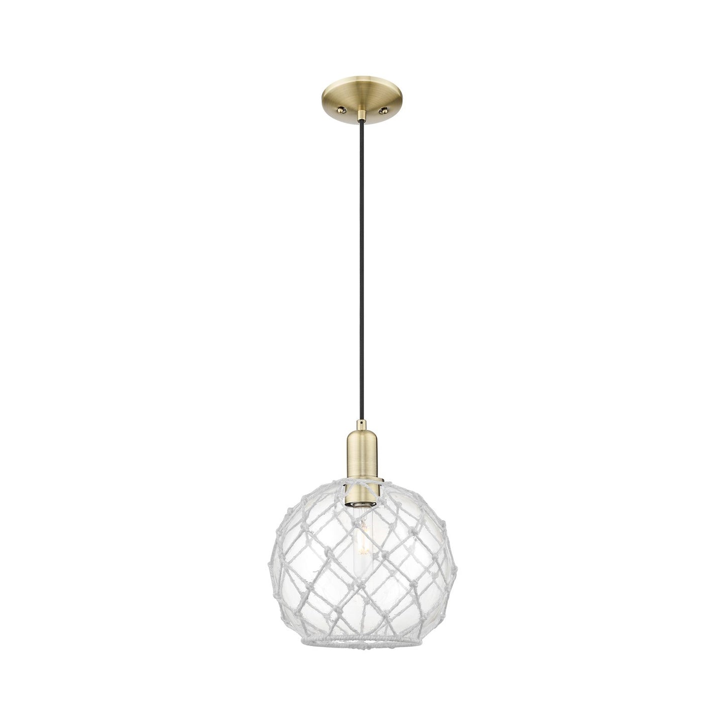 Innovations Farmhouse Rope 10in 1-Light Mini Pendant | Industrial Antique Brass Steel and Clear Glass with White Rope | Model 716-1P-AB-G122-10RW