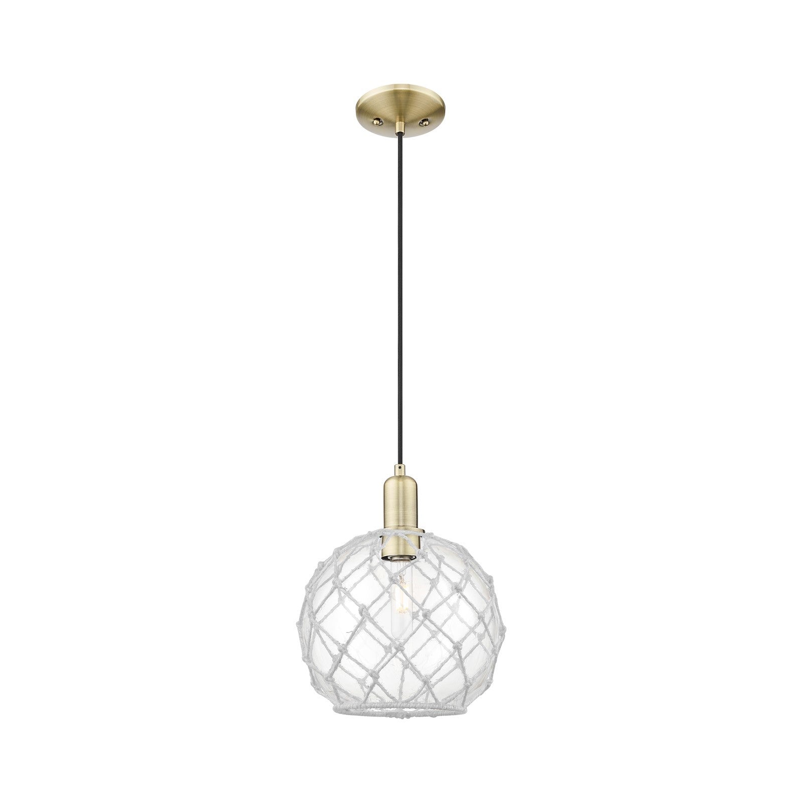 Innovations Farmhouse Rope 10in 1-Light Mini Pendant | Industrial Antique Brass Steel and Clear Glass with White Rope | Model 716-1P-AB-G122-10RW