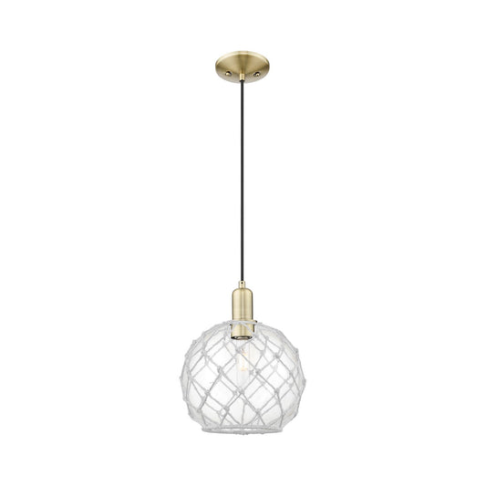 Innovations Farmhouse Rope 10in 1-Light Mini Pendant | Industrial Antique Brass Steel and Clear Glass with White Rope | Model 716-1P-AB-G122-10RW