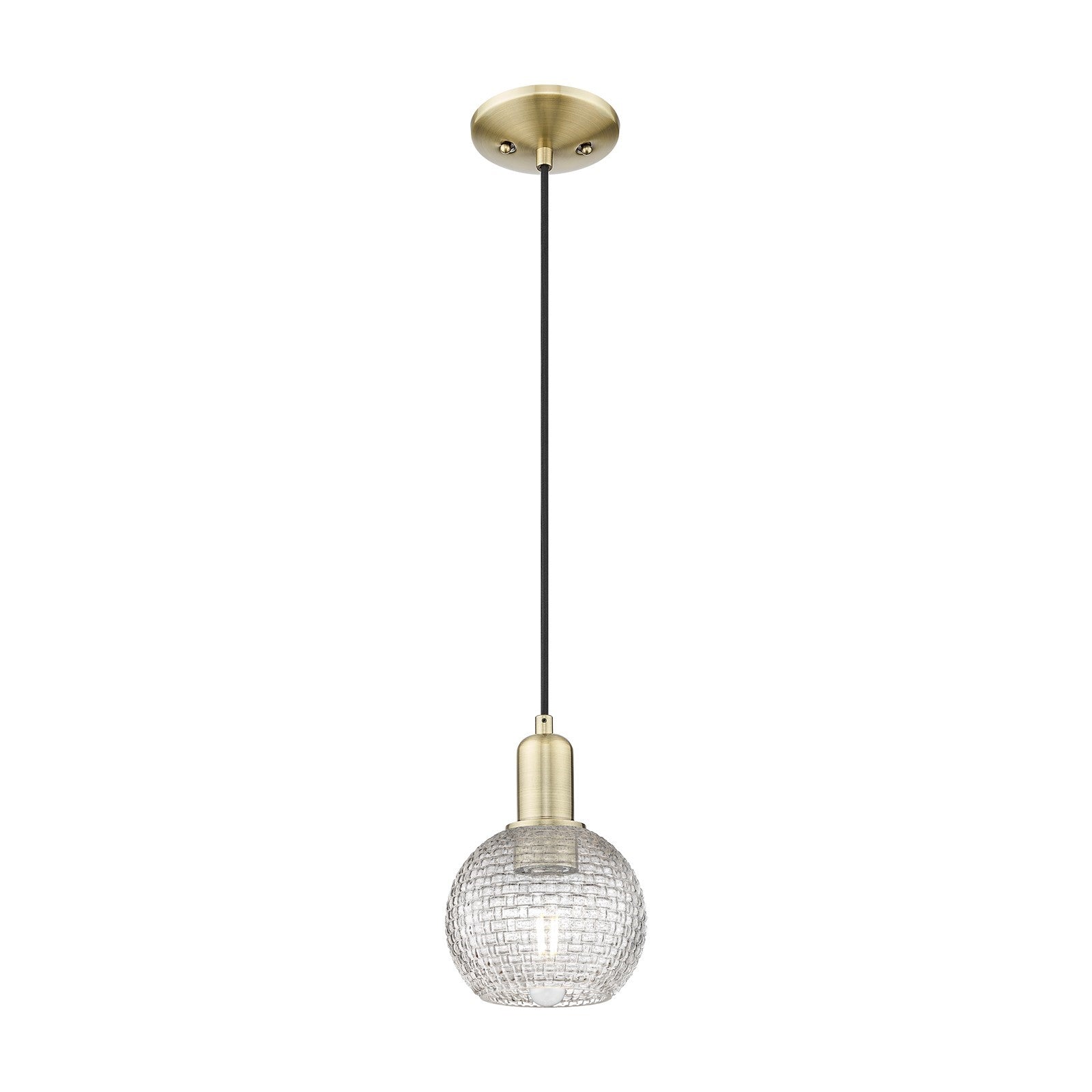 Innovations Athens 6in 1-Light Mini Pendant | Industrial Antique Brass Steel and Clear Basket Weave Glass | Kitchen Island & | Model 716-1P-AB-G122C-6CL