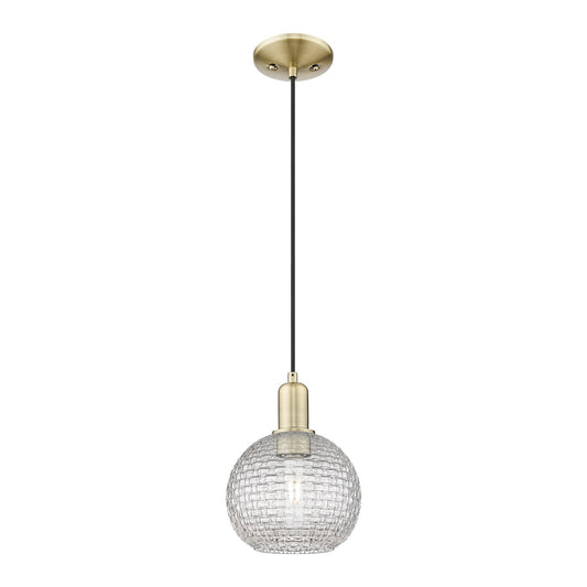 Innovations Athens 8in 1-Light Mini Pendant | Industrial Antique Brass Steel and Clear Basket Weave Glass | Kitchen Island & | Model 716-1P-AB-G122C-8CL