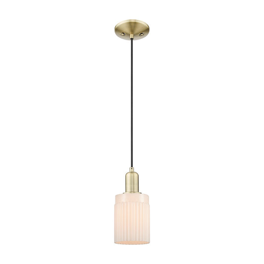 Innovations Hadley 4.5in 1-Light Mini Pendant | Industrial Antique Brass Steel and Matte White Ribbed Glass | Kitchen Island & | Model 716-1P-AB-G341