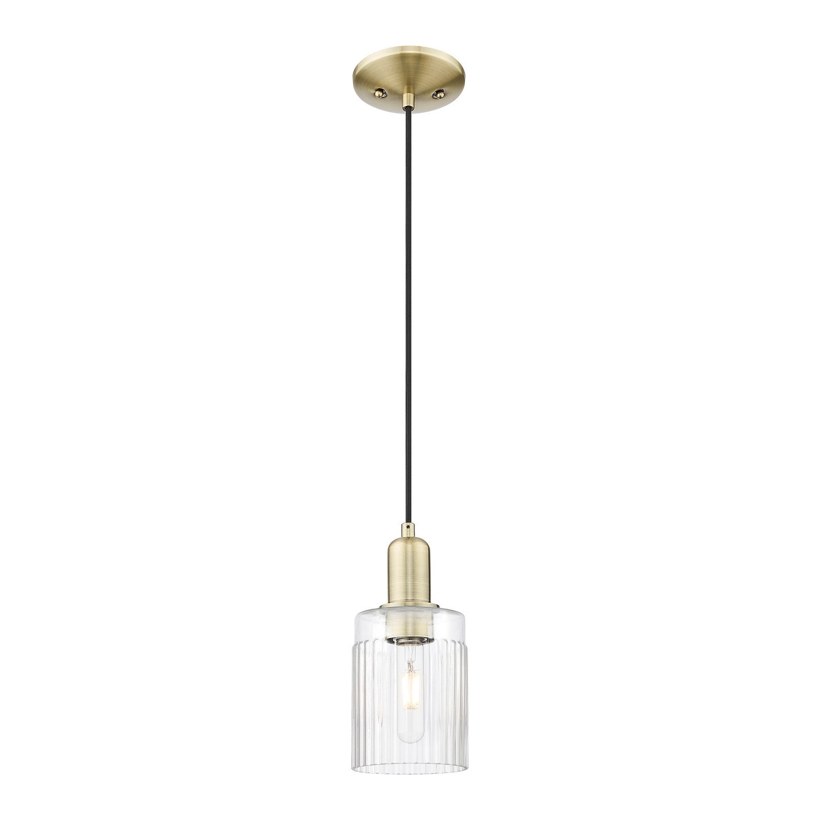Innovations Hadley 4.5in 1-Light Mini Pendant | Industrial Antique Brass Steel and Clear Ribbed Glass | Kitchen Island & Dining | Model 716-1P-AB-G342