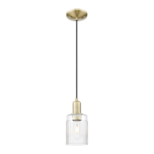 Innovations Hadley 4.5in 1-Light Mini Pendant | Industrial Antique Brass Steel and Clear Ribbed Glass | Kitchen Island & Dining | Model 716-1P-AB-G342