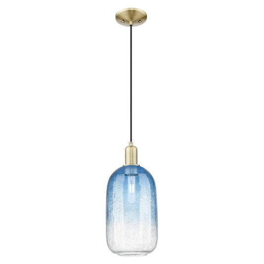 Innovations Brookhaven Cloche 7in 1-Light Mini Pendant | Industrial Antique Brass Steel and Sapphire Blue Glass | Kitchen | Model 716-1P-AB-G482-7SB