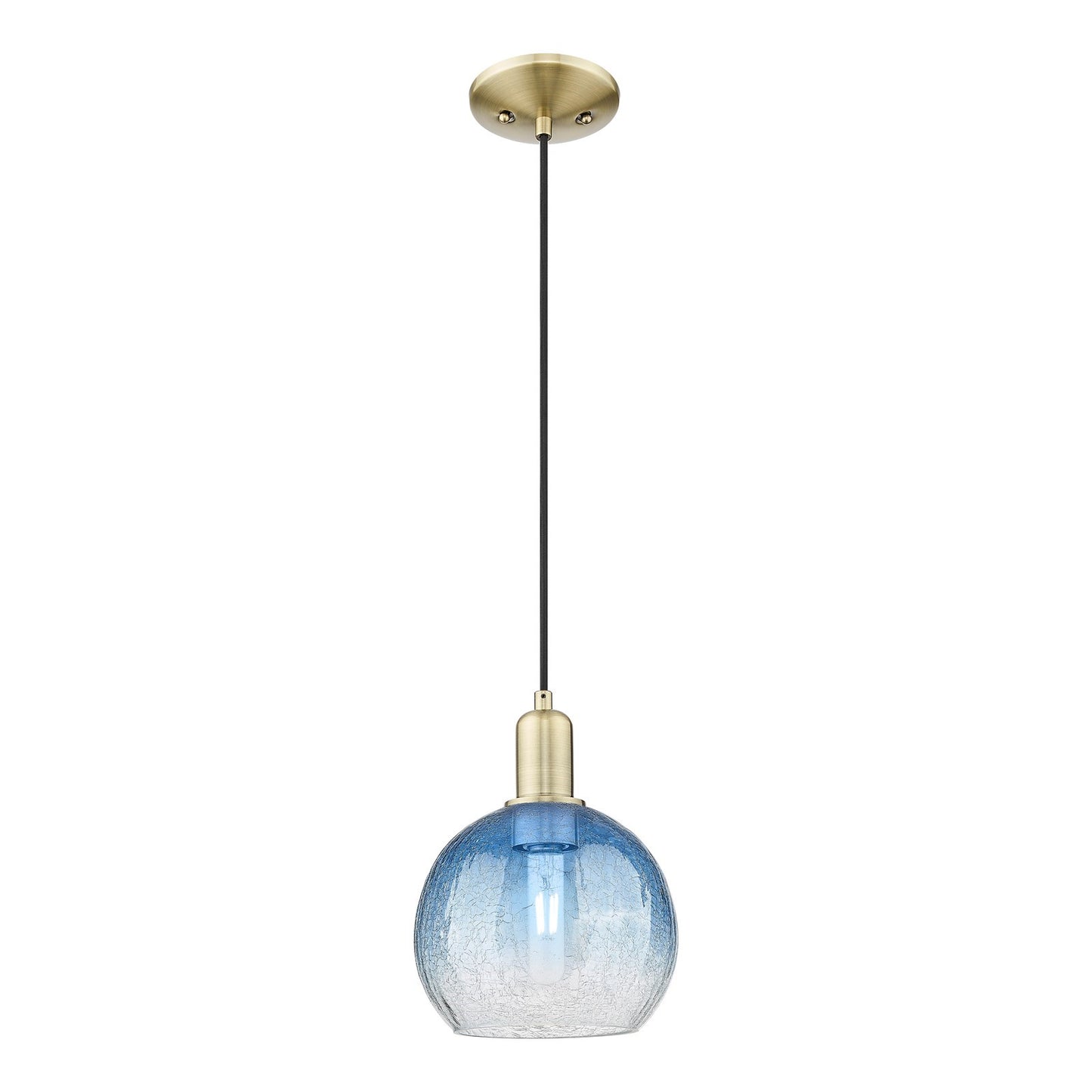 Innovations Brookhaven Globe 8in 1-Light Mini Pendant | Industrial Antique Brass Steel and Sapphire Blue Glass | Kitchen Island | Model 716-1P-AB-G483-8SB