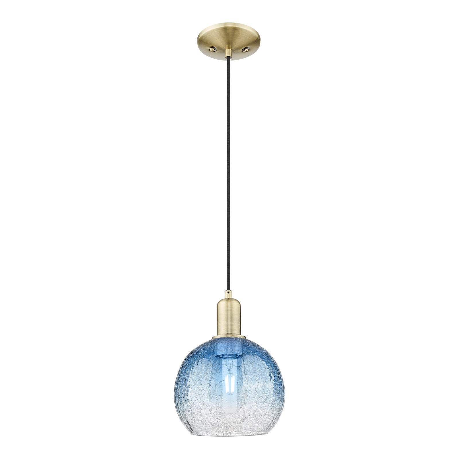 Innovations Brookhaven Globe 8in 1-Light Mini Pendant | Industrial Antique Brass Steel and Sapphire Blue Glass | Kitchen Island | Model 716-1P-AB-G483-8SB