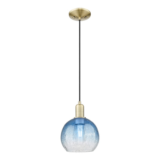 Innovations Brookhaven Globe 8in 1-Light Mini Pendant | Industrial Antique Brass Steel and Sapphire Blue Glass | Kitchen Island | Model 716-1P-AB-G483-8SB