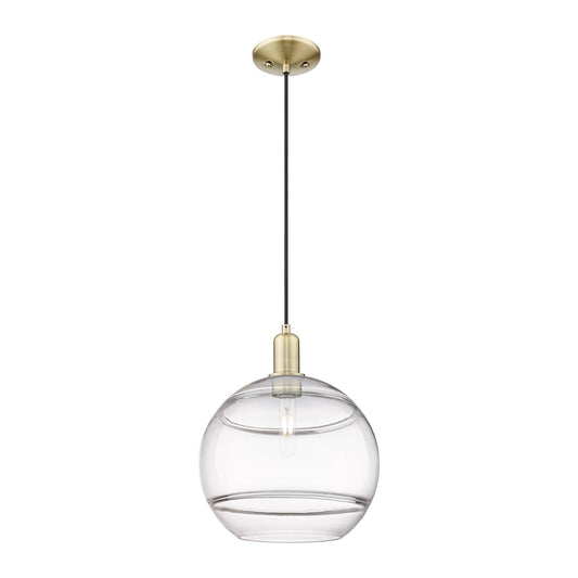 Innovations Rochester 12in 1-Light Mini Pendant | Industrial Antique Brass Steel and Clear Glass | Kitchen Island & Dining | Model 716-1P-AB-G556-12CL