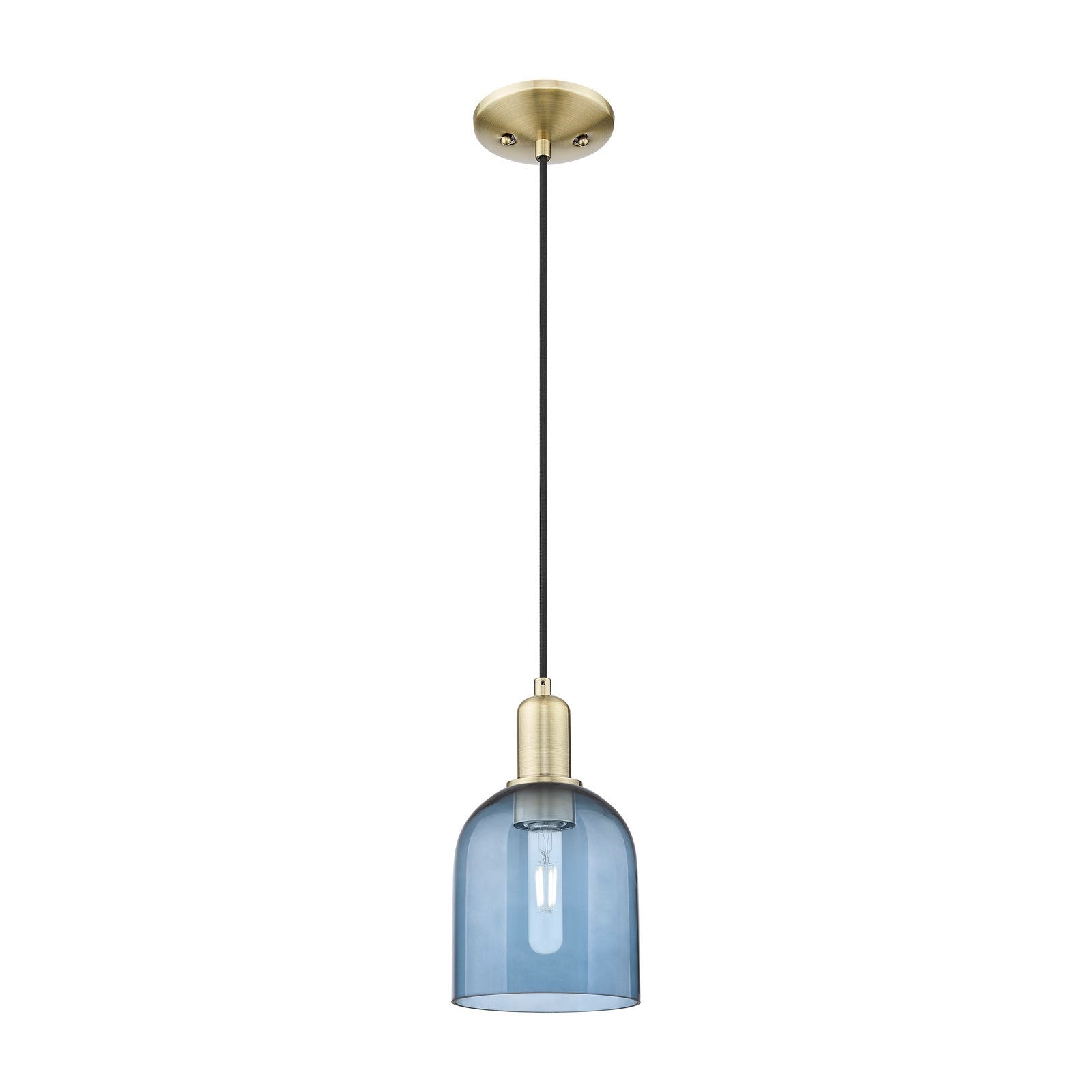 Innovations Bella 6in 1-Light Mini Pendant | Industrial Antique Brass and Blue Glass | Kitchen Island & Dining Room | 5.5 x 5.5 | Model 716-1P-AB-G558-6BL