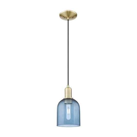 Innovations Bella 6in 1-Light Mini Pendant | Industrial Antique Brass and Blue Glass | Kitchen Island & Dining Room | 5.5 x 5.5 | Model 716-1P-AB-G558-6BL