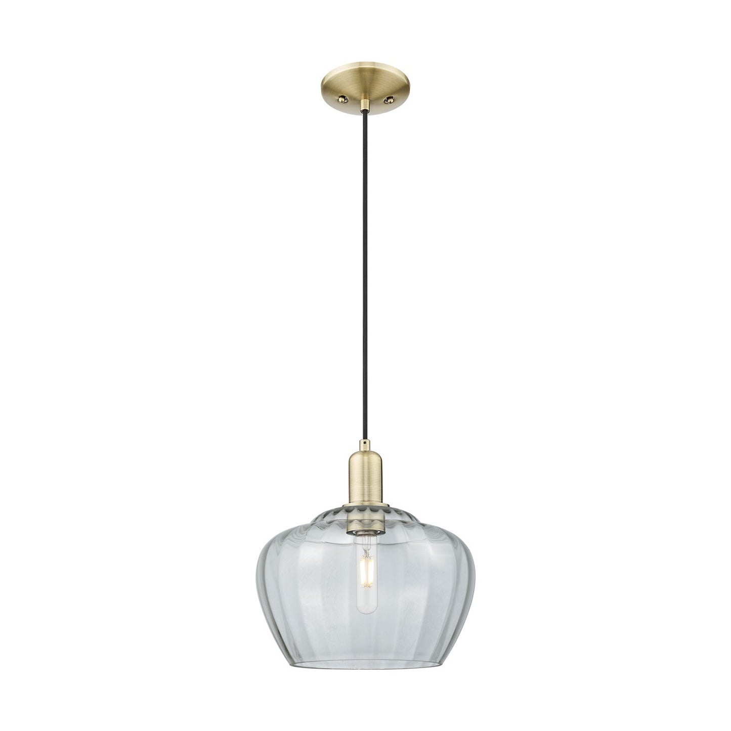Innovations Fenton 11in 1-Light Mini Pendant | Industrial Antique Brass Steel and Clear Ribbed Glass | Kitchen Island & Dining | Model 716-1P-AB-G92-L