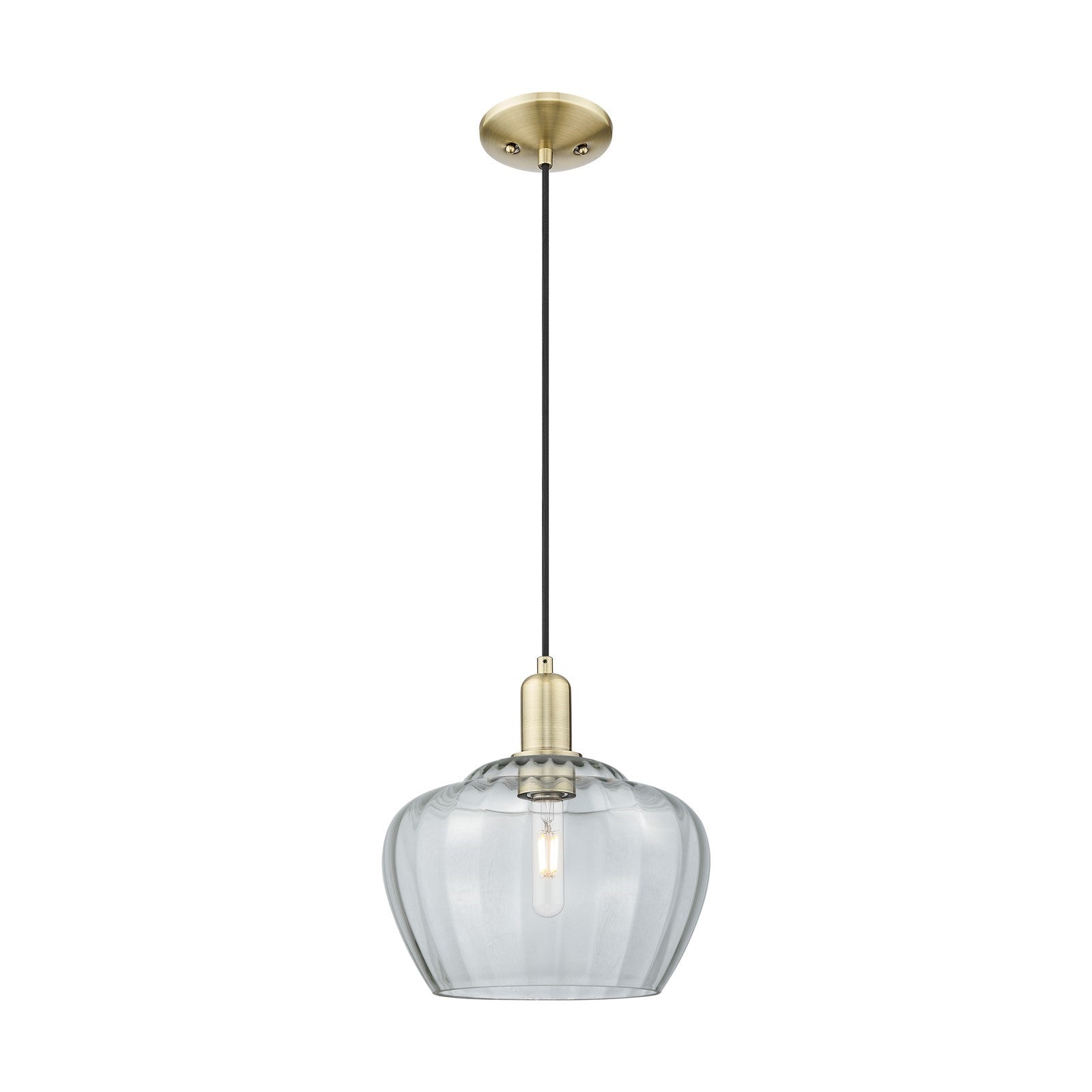 Innovations Fenton 11in 1-Light Mini Pendant | Industrial Antique Brass Steel and Clear Ribbed Glass | Kitchen Island & Dining | Model 716-1P-AB-G92-L