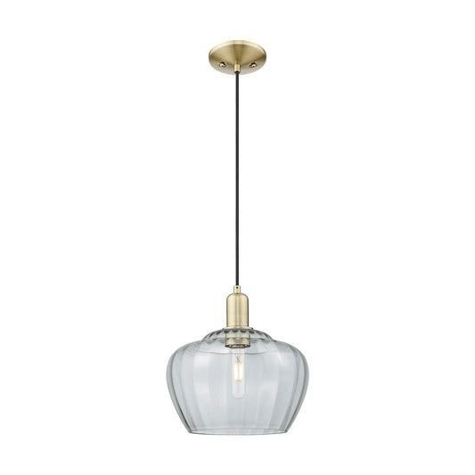 Innovations Fenton 11in 1-Light Mini Pendant | Industrial Antique Brass Steel and Clear Ribbed Glass | Kitchen Island & Dining | Model 716-1P-AB-G92-L