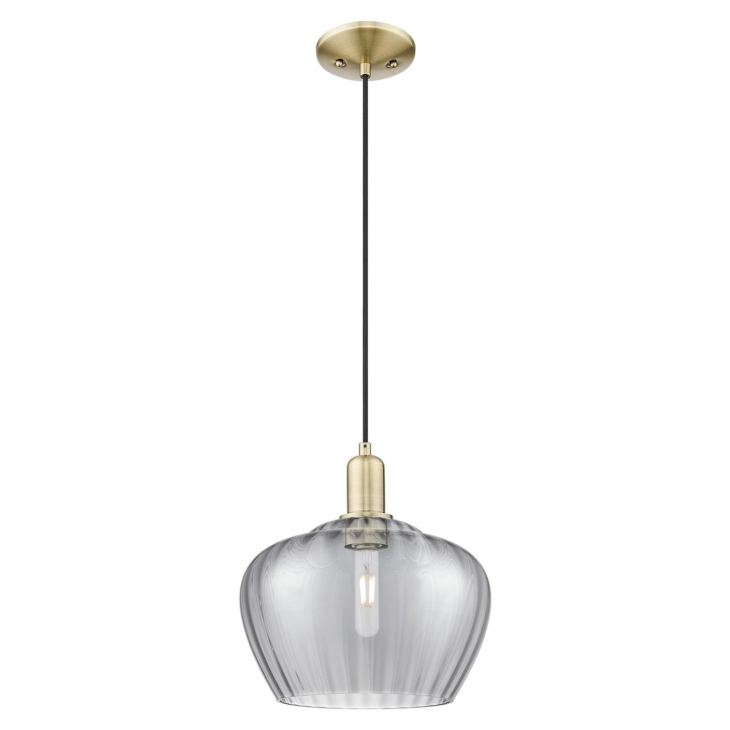 Innovations Fenton 11in 1-Light Mini Pendant | Industrial Antique Brass and Light Smoke Ribbed Glass | Kitchen Island & Dining | Model 716-1P-AB-G93-L