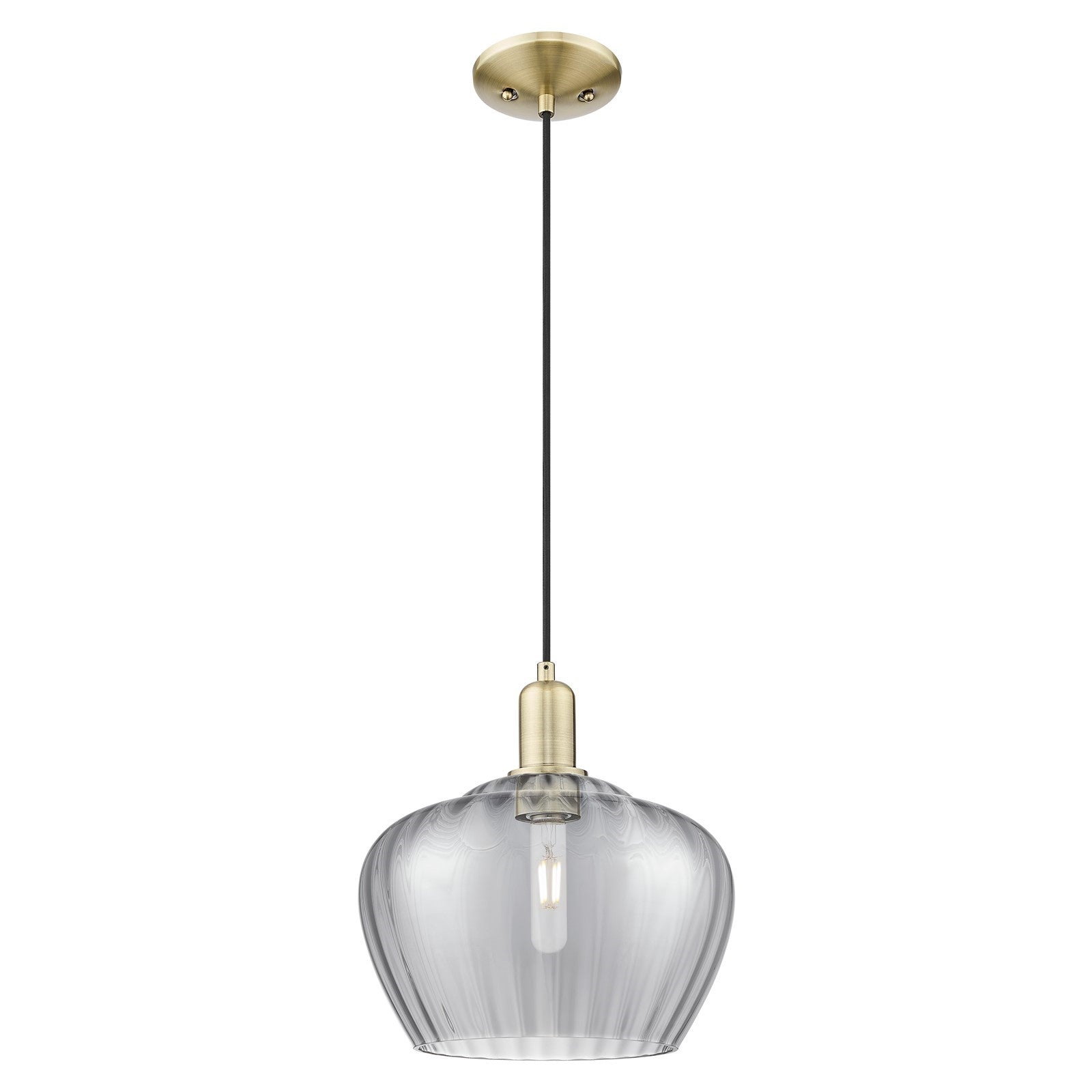 Innovations Fenton 11in 1-Light Mini Pendant | Industrial Antique Brass and Light Smoke Ribbed Glass | Kitchen Island & Dining | Model 716-1P-AB-G93-L