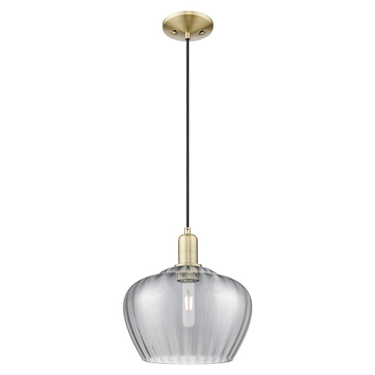 Innovations Fenton 11in 1-Light Mini Pendant | Industrial Antique Brass and Light Smoke Ribbed Glass | Kitchen Island & Dining | Model 716-1P-AB-G93-L