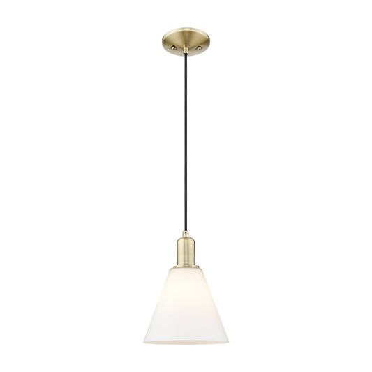 Innovations Berkshire Glass 8in 1-Light Mini Pendant | Industrial Antique Brass Steel and Matte White Glass | Kitchen Island & | Model 716-1P-AB-GBC-81