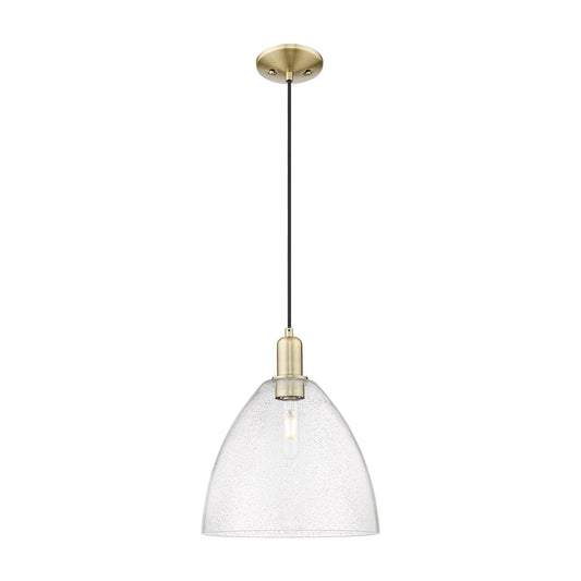 Innovations Bristol 12in 1-Light Mini Pendant | Industrial Antique Brass Steel and Seedy Glass | Kitchen Island & Dining Room | Model 716-1P-AB-GBD-124