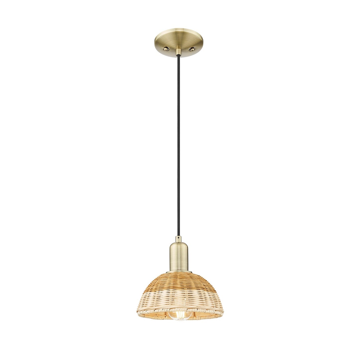 Innovations Natural Ballston Dome 7.5in 1-Light Mini Pendant | Farmhouse Antique Brass and Natural Fiber Dome Shade | Model 716-1P-AB-NBD2-75-NAT