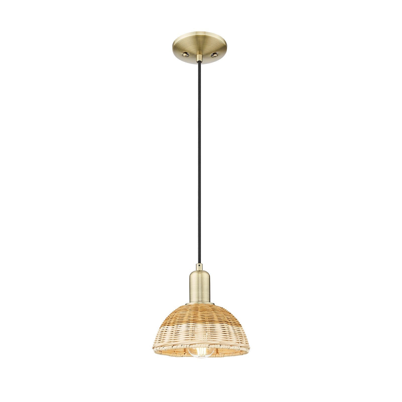 Innovations Natural Ballston Dome 7.5in 1-Light Mini Pendant | Farmhouse Antique Brass and Natural Fiber Dome Shade | Model 716-1P-AB-NBD2-75-NAT