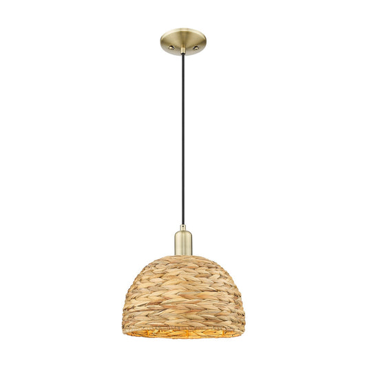 Innovations Arcadia 12in 1-Light Mini Pendant | Industrial Antique Brass Steel and Natural Rattan | Kitchen Island & Dining | Model 716-1P-AB-RBD-12-NAT