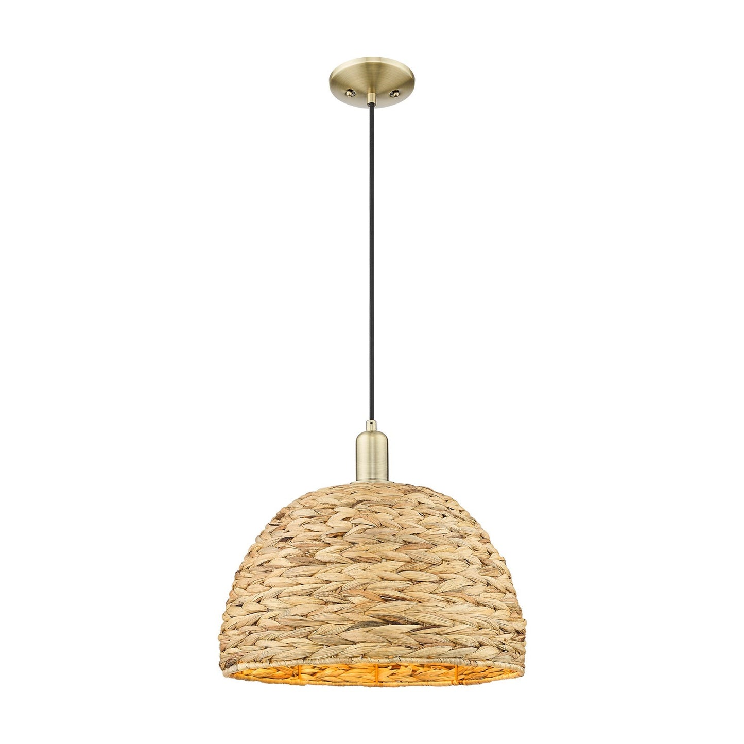 Innovations Woven Rattan 16in 1-Light Mini Pendant | Industrial Antique Brass and Natural Fiber Shade | Kitchen Island & | Model 716-1P-AB-RBD-16-NAT