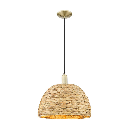 Innovations Woven Rattan 16in 1-Light Mini Pendant | Industrial Antique Brass and Natural Fiber Shade | Kitchen Island & | Model 716-1P-AB-RBD-16-NAT