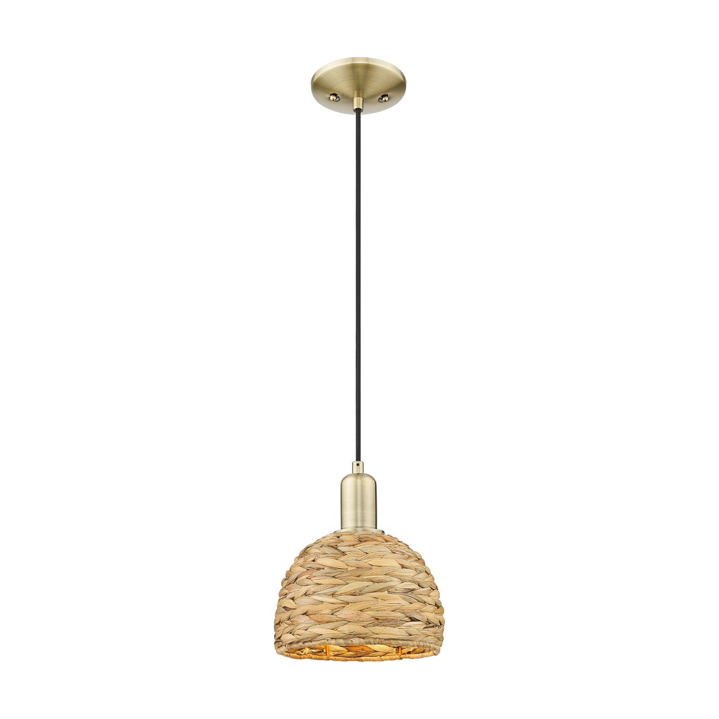 Innovations Woven Rattan 8in 1-Light Mini Pendant | Rustic Antique Brass Steel and Natural Woven Rattan | Kitchen Island & | Model 716-1P-AB-RBD-8-NAT