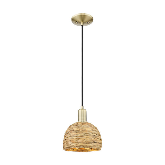 Innovations Woven Rattan 8in 1-Light Mini Pendant | Rustic Antique Brass Steel and Natural Woven Rattan | Kitchen Island & | Model 716-1P-AB-RBD-8-NAT