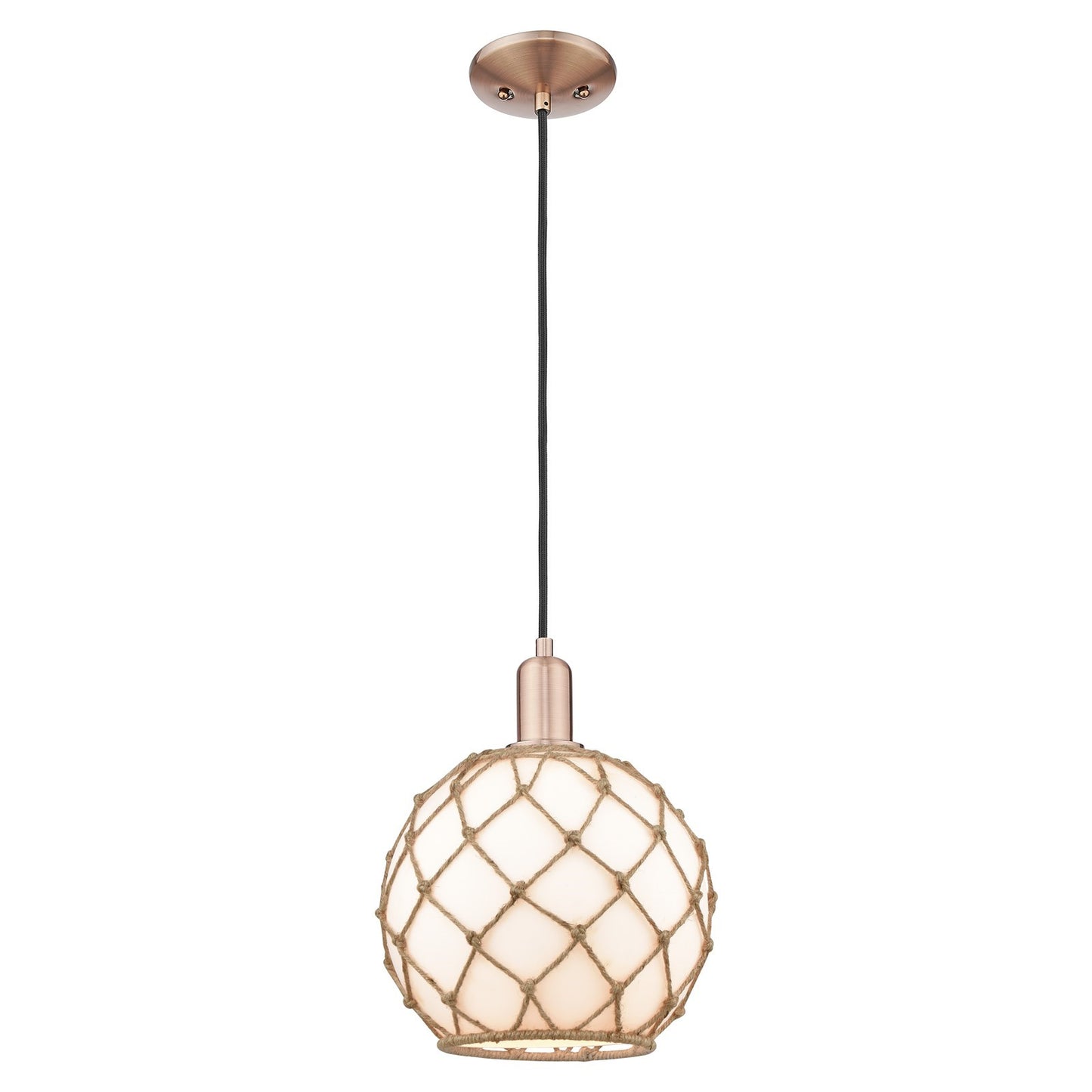Innovations Farmhouse Rope 10in 1-Light Mini Pendant | Industrial Antique Copper Steel and Matte White Glass with Brown Rope | Model 716-1P-AC-G121-10RB
