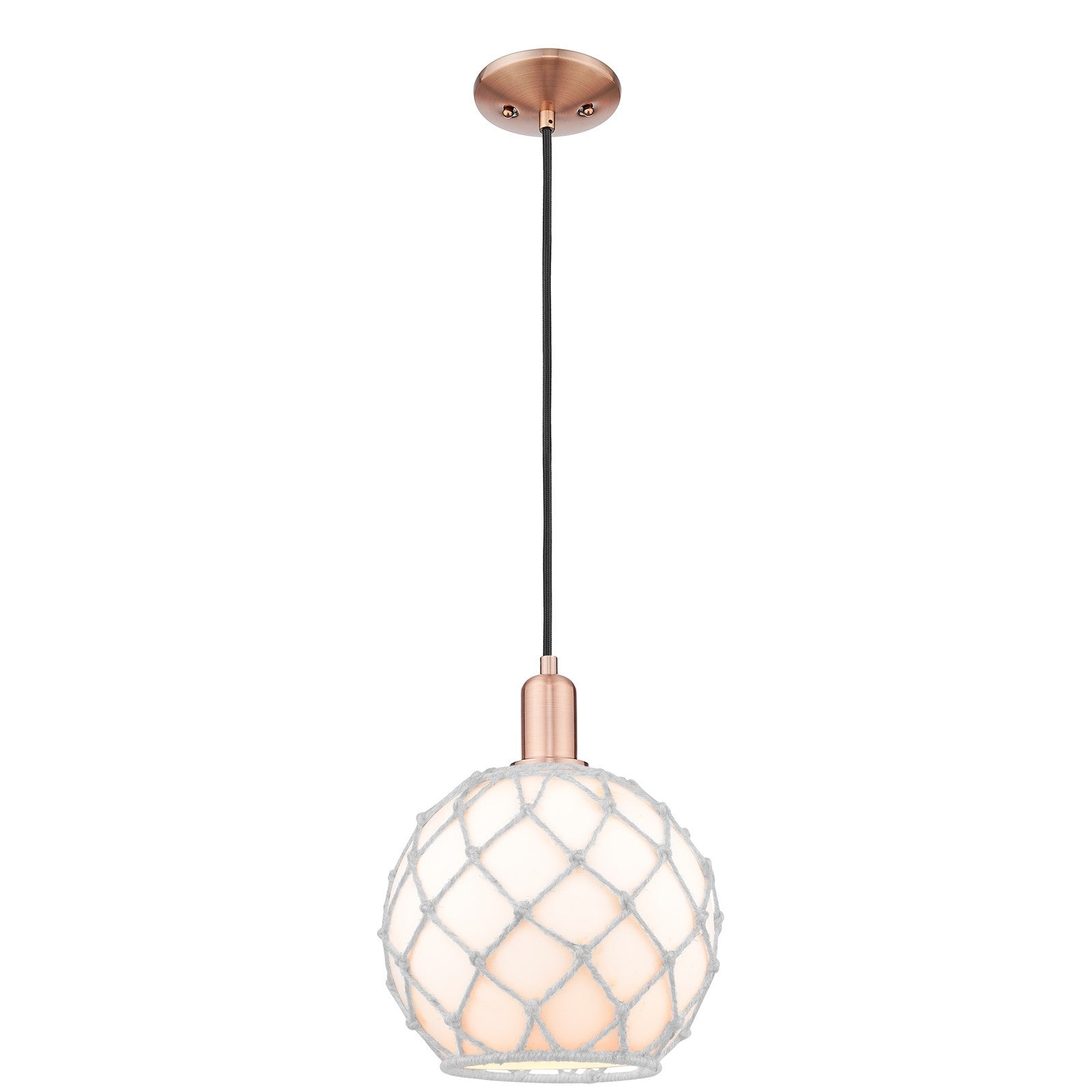 Innovations Farmhouse Rope 10in 1-Light Mini Pendant | Industrial Antique Copper Steel and White Glass Rope Shade | Kitchen | Model 716-1P-AC-G121-10RW
