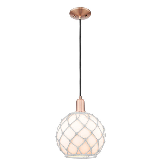 Innovations Farmhouse Rope 10in 1-Light Mini Pendant | Industrial Antique Copper Steel and White Glass Rope Shade | Kitchen | Model 716-1P-AC-G121-10RW